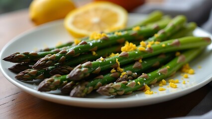 The image shows a plate of cooked asparagus on a wooden table. The plate is white and round, and it is placed in the center of the table.