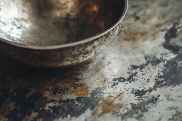 Antique Metal Bowl on Textured Surface Rustic Still Life Photography