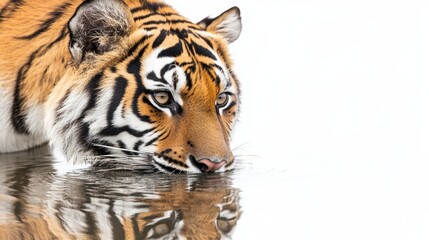 Naklejka premium A tiger drinking from a serene water source, isolated on a bright white background,