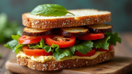 The image shows a sandwich on a wooden cutting board. The sandwich is made with two slices of white bread, topped with sliced red tomatoes, sliced eggplants, and a generous helping of yellow cheese.