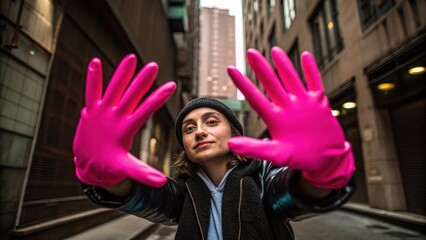 A playful portrait featuring hands in neon pink gloves outstretched toward the camera. The glossy finish of the gloves reflects bursts of color creating an eyecatching contrast