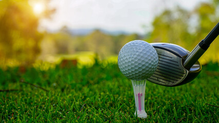 Golf clubs and golf balls on a green lawn in a beautiful golf course with morning sunshine.