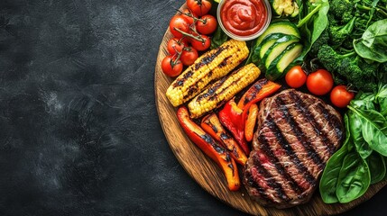 Naklejka premium Grilled steak and vegetables on a wooden board. A delicious and healthy meal.