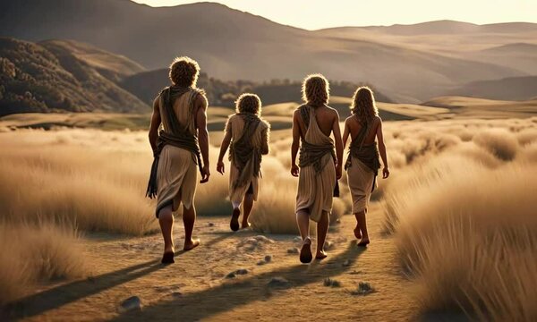 Animated prehistoric humans walking through vast landscapes, 4k Animation Video