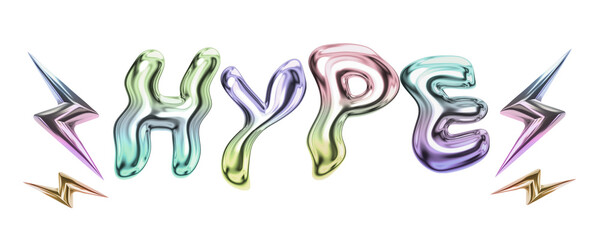 Hype word png y2k chrome font, transparent background