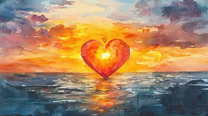 Fototapeta premium Watercolor Sunset Ocean Heart Romantic Love Art Painting