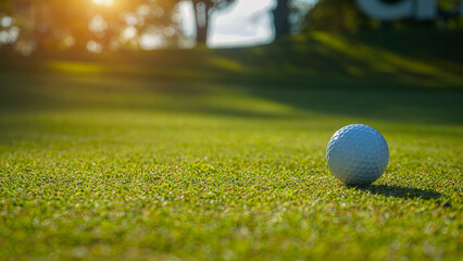Golf ball on green grass in the evening golf course with sunshine background.