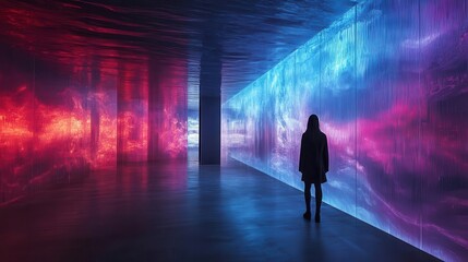 A person stands in a vibrant, illuminated space with colorful walls reflecting dynamic light patterns.