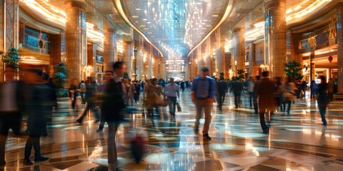 People walking through a luxurious hotel lobby with marble floor. Long exposure photography capturing motion blur. Luxury travel and hospitality concept. Traveler walking and check in at hotel. AIG55.