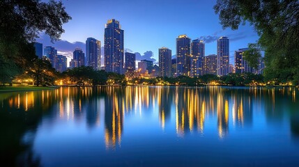 Naklejka premium A serene city skyline reflecting in a calm lake at dusk, with illuminated buildings and lush greenery surrounding the water.