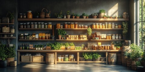 Rustic Grocery Store: A Sunlit Haven of Jars and Herbs
