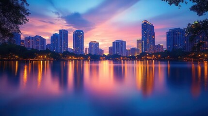 Fototapeta premium A vibrant city skyline at sunset, reflected in a serene lake, showcasing modern architecture and colorful sky hues.
