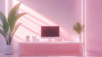 A modern, pastel-colored workspace featuring a computer, greenery, and soft lighting, creating a tranquil and stylish environment.