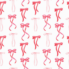 Red Pink Bow knots and ribbons seamless pattern. Hand drawn bow repeat vector illustration. Wedding celebration, holiday, party decoration, fabric print, home decor. 