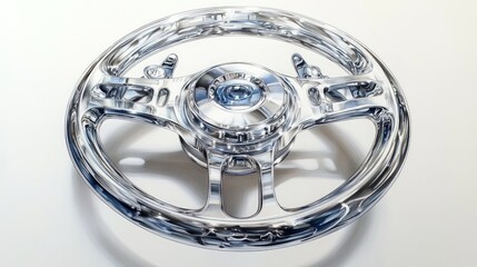 Here's a 10-word description of the image: Chrome steering wheel,