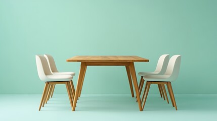 Contemporary dining table with smooth wooden surface and four cushioned chairs, with a soft green backdrop.
