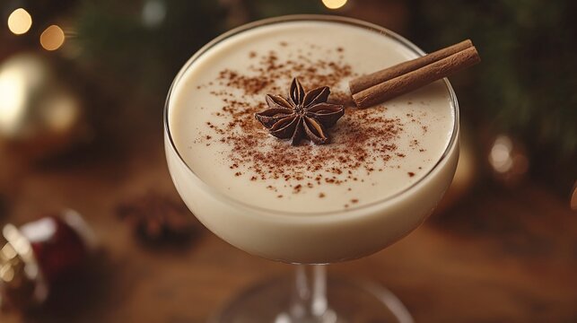 Close-up of a rich, creamy coquito cocktail in a glass, with a cinnamon stick, highlighting its smooth texture and cozy holiday feel.