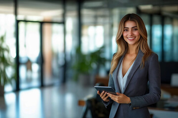 Fototapeta premium Portrait of a young Hispanic professional businesswoman standing confidently in an office and Using a tablet, a Smiling female executive, Cheerful entrepreneur, corporate leader, and Hr manager.
