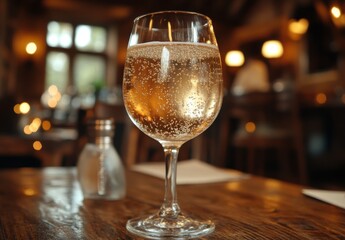 Sparkling Drink in Elegant Glass Captured in Cozy Restaurant Setting with Soft Ambient Lighting and Warm Color Tones for Inviting Atmosphere
