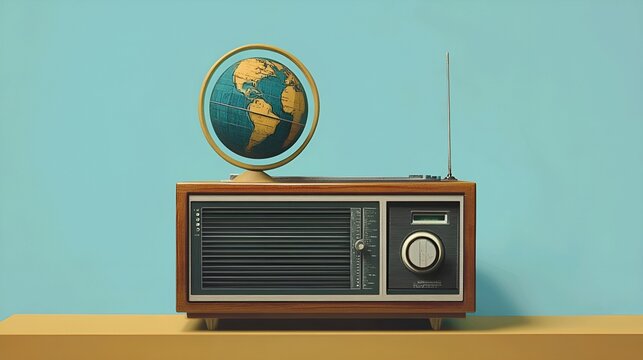 Old radio with globe illustration for celebrating world radio day - Powered by Adobe