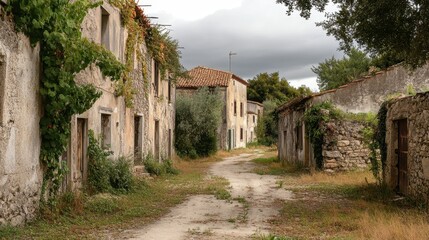 Abandoned Village Pathway with Weathered Buildings and Overgrown Grass