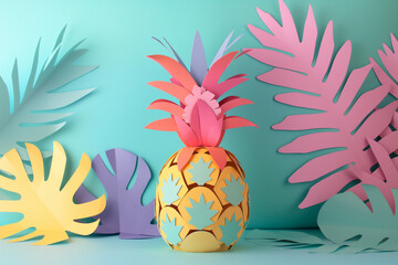 A pineapple made of paper with a pastel color palette on a simple background.