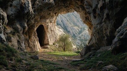 Serene Cave Entrance Surrounded by Lush Green Nature and Rock Formations