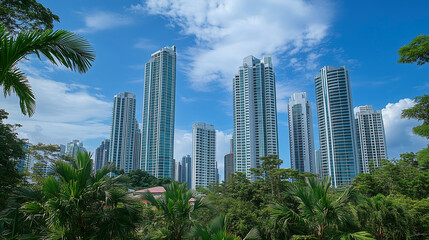 近代的な高層ビル群と熱帯植物が調和する都市風景