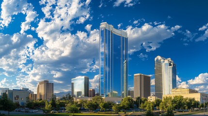 近代的な高層ビル群と熱帯植物が調和する都市風景