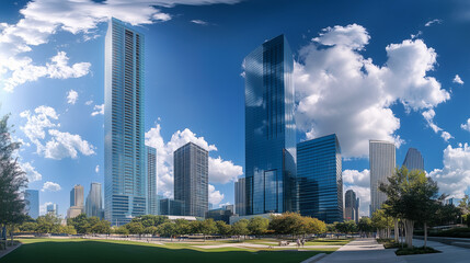 近代的な高層ビル群と熱帯植物が調和する都市風景