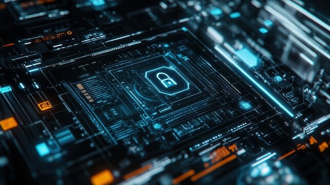 A closeup of a digital touchscreen showing a 5G network security protocol with animated lock symbols and data flow arrows against the backdrop of a modern factory setting with interconnected