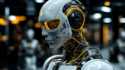 Fototapeta premium Close-up of a Futuristic Robot's Head: Exploring AI and Technological Advancement