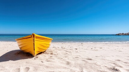 Bright yellow boat resting on the soft sandy shore under a clear blue sky