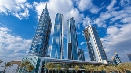 Obraz premium 近代的な高層ビル群と熱帯植物が調和する都市風景