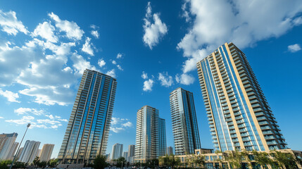 近代的な高層ビル群と熱帯植物が調和する都市風景