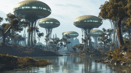 Futuristic Landscape with Floating Structures and Serene Waterway
