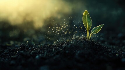Golden sprout emerging from soil with sparkling light particles. Symbol of life, growth, renewal, and nature's resilience. Soft glow enhances natural beauty and delicate texture. Generative AI