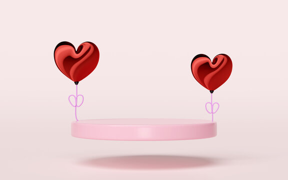 3d podium with couple heart shaped balloon isolated on pink background. Happy valentine's day concept, 3d illustration render