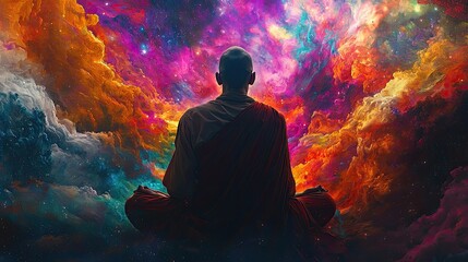 Monk meditating on a cliff against a fiery cosmic sky, blending spirituality and nature's vastness. Vibrant atmosphere symbolizing inner peace and universal connection. Generative AI