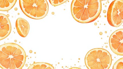 A vibrant arrangement of orange slices creates a fresh, colorful border against a white background, highlighting their juicy texture and bright color.