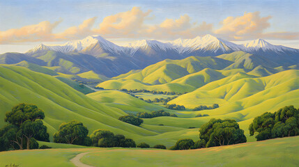 Obraz premium Serene landscape painting of rolling green hills and snow-capped mountains under a vibrant sky. Perfect for nature, travel, and environmental themes.