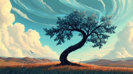 Stunning Twisted Tree in Vibrant Landscape Under Dramatic Sky
