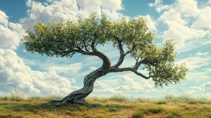 Elegant Twisted Tree Against a Bright Blue Sky with Fluffy Clouds