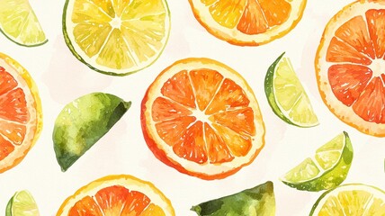A vibrant watercolor pattern featuring slices of citrus fruits, including oranges, lemons, and limes on a light background.