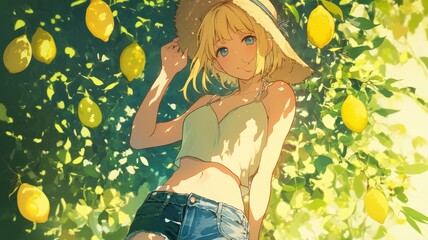 A young woman in a sun hat poses playfully among lemon trees, exuding a vibrant summer vibe with bright colors and a cheerful atmosphere.
