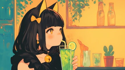 A girl with cat ears enjoys a colorful drink in a cozy, plant-filled cafe, showcasing a playful and whimsical atmosphere.