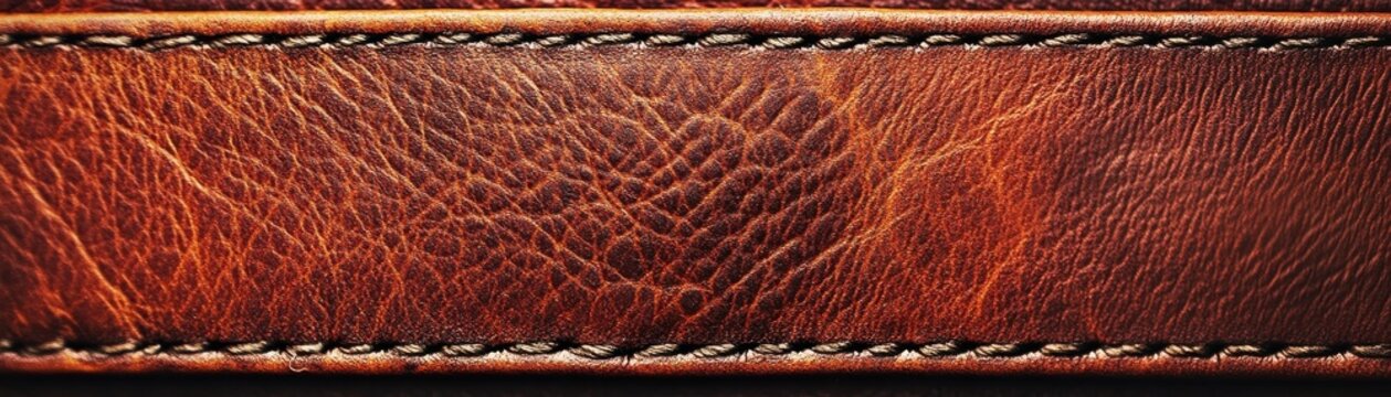 A close-up image of a textured brown leather strap featuring intricate stitching and a rich, warm color tone.