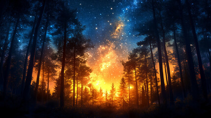 Magical forest scene illuminated by glowing lights and stars at night, enchanting atmosphere, copy space