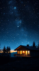 Cozy cabin illuminated under starry night sky, serene ambiance, peaceful retreat, copy space