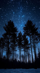 Fototapeta premium Starry night sky above silhouette of pine trees, tranquil winter landscape, serene atmosphere, copy space 